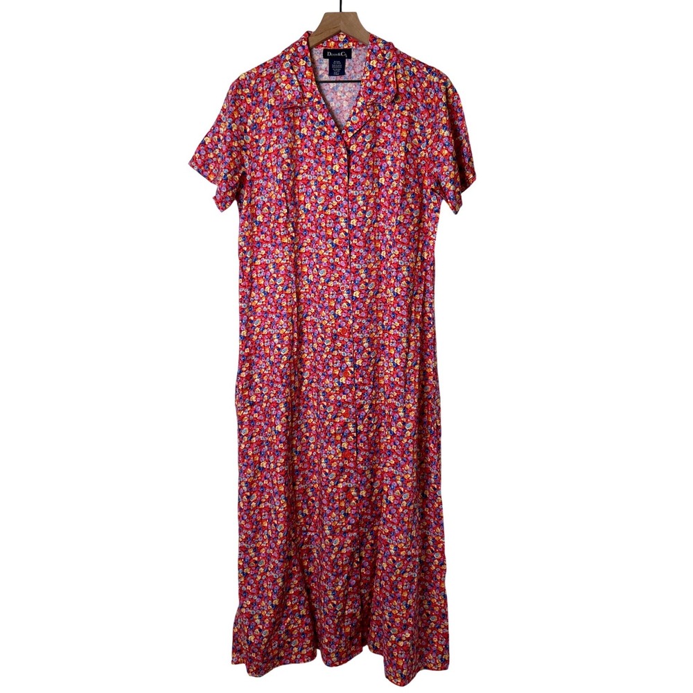 Denim & Co Womens Floral Button Front Maxi Shirt Dress Size L Red Multi Cottage